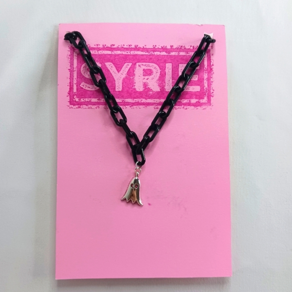 Plastic Black Link Necklace with Silver Ghost Pendant.